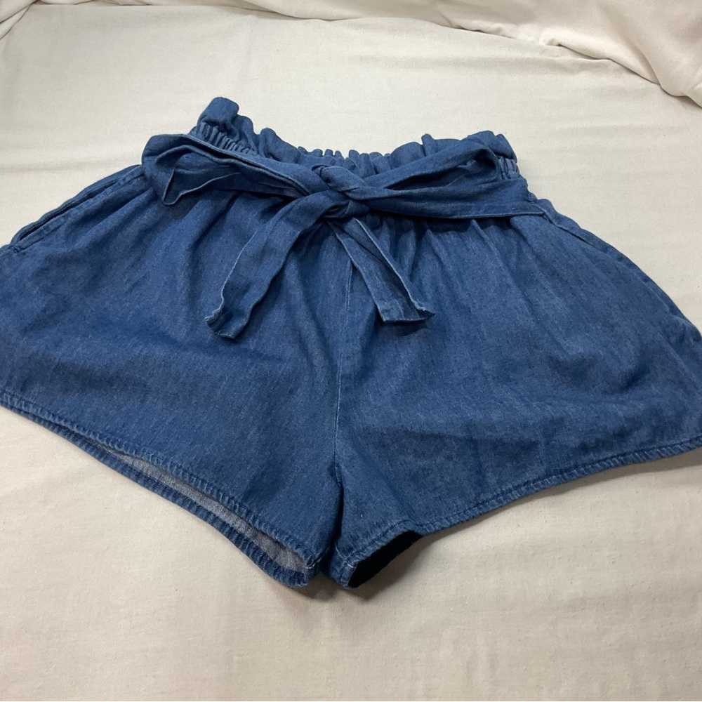 Love Tree Women's Dark Blue Denim High Waist Shorts, Size S, Elastic, Tie Bow